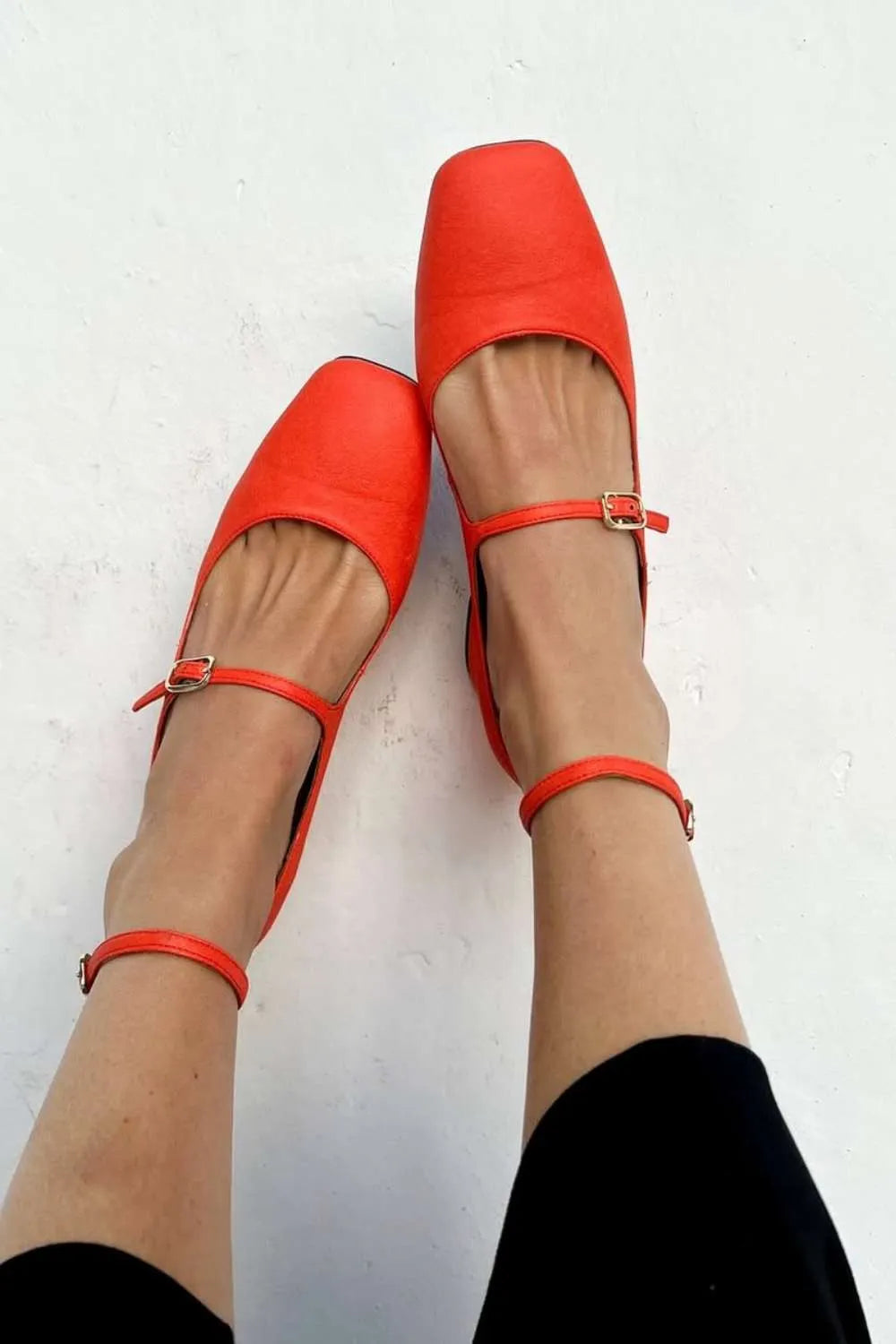 Bright Orange Square Toe Ankle Strap Flats