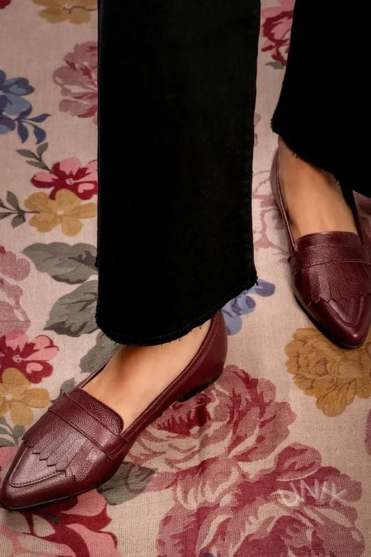 Vintage Burgundy Tassel Pointed Toe Leather Slip-On Flats