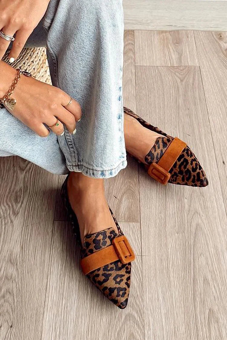 Leopard Print Strap Buckle Decor Pointed Toe Brown Flats