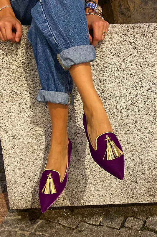 Breathable Faux Leather Decor Tassels Pointy Colorblock Toe Flats