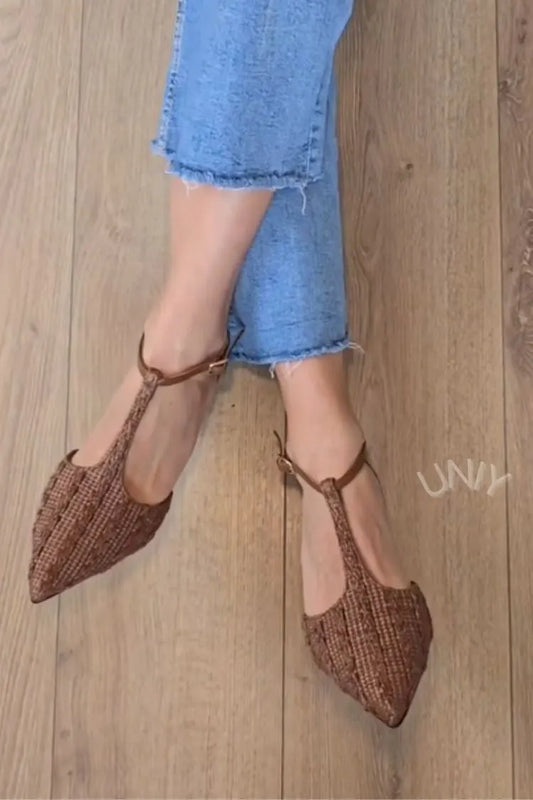 Vintage Brown Woven Texture T-Strap Pointed Toe Flats