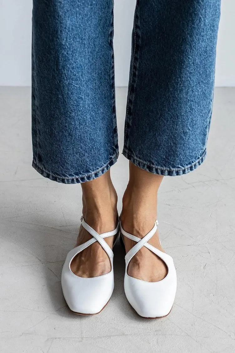 Solid White Square Toe Criss-cross Strap Leather Flats