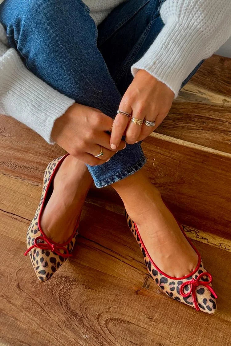 Colorblock Bow Leopard Print Pointed Toe Khaki Flats