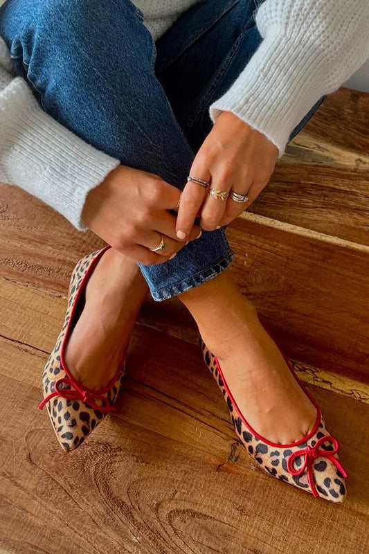 Colorblock Bow Leopard Print Pointed Toe Khaki Flats