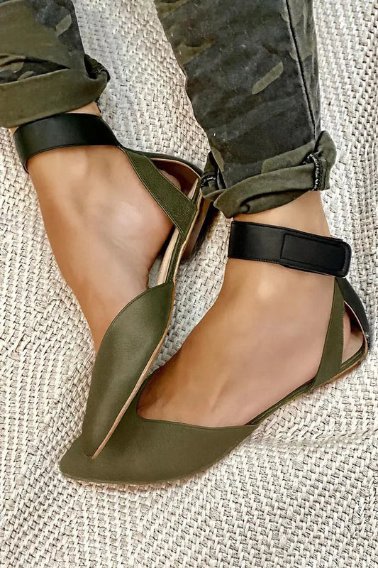 Ankle Strap Colorblock Pointed Toe Army Green Flats
