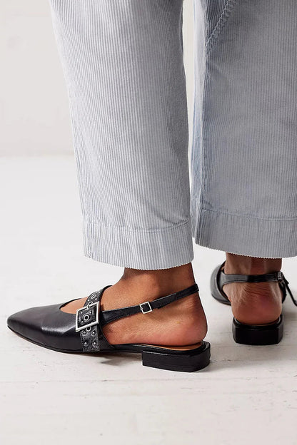 Black Metallic Square Toe Slingback Eyelets Flats