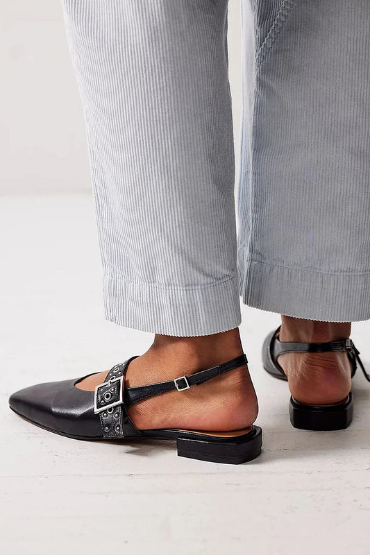 Black Metallic Square Toe Slingback Eyelets Flats