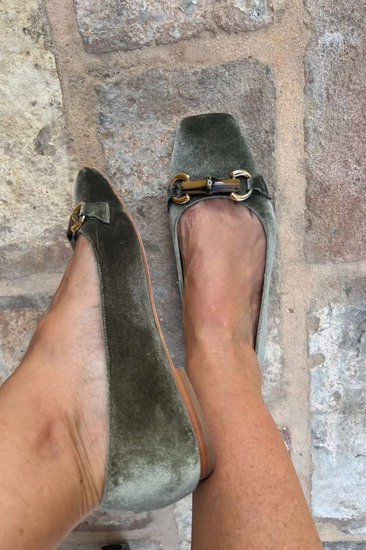 Velvet Green Gold Chain Square Toe Flats