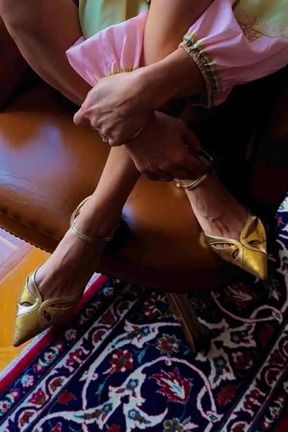 Ankle Strap Buckle Hollow Out Pointed Toe Gold Flats
