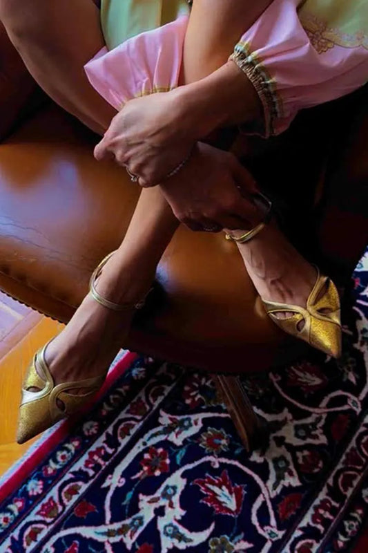 Ankle Strap Buckle Hollow Out Pointed Toe Gold Flats