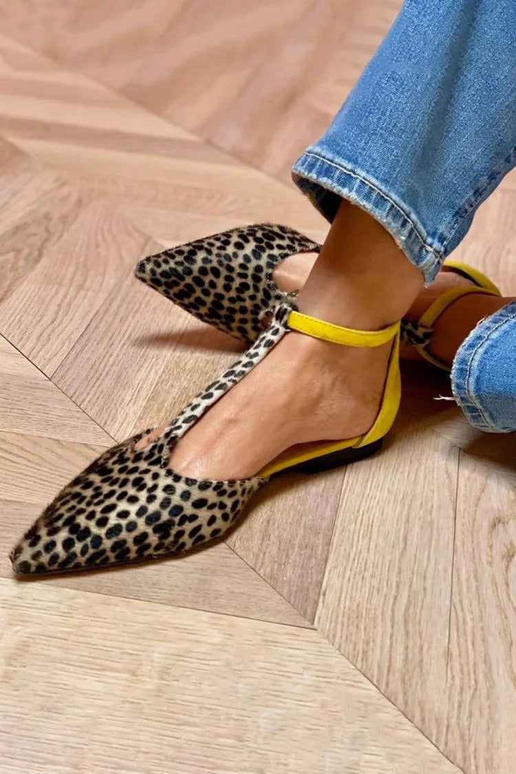Leopard Print T-Strap Buckle Colorblock Pointed Toe Flats