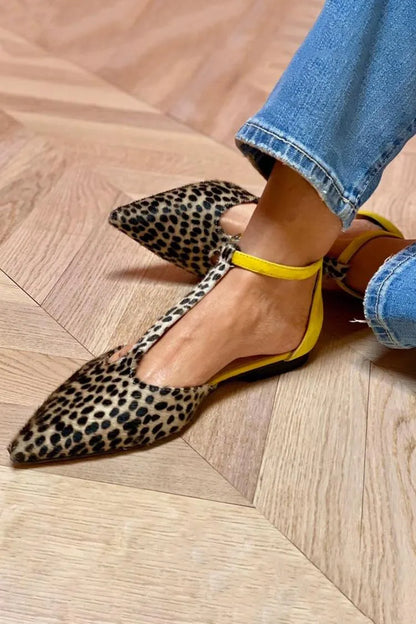 Leopard Print T-Strap Buckle Colorblock Pointed Toe Flats