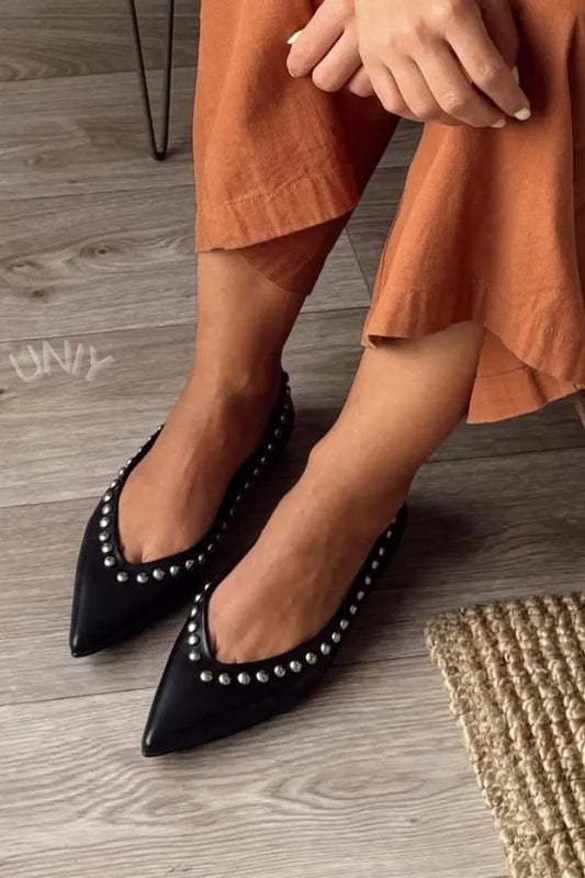 Chic Black Studded Pointed Toe Slip-On Flats