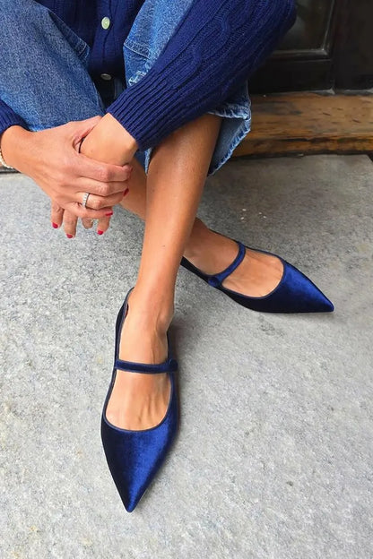 Solid Color Velvet Instep Strap Buckle Pointed Toe Navy Flats