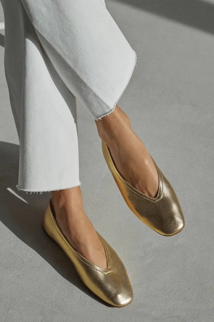 Metallic Gold V Neck Square Toe Slip On Flats