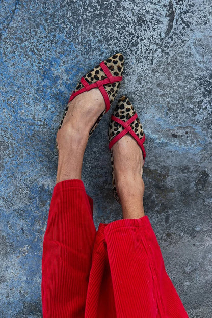 Colorblock Strap Leopard Print Pointed Toe Flats