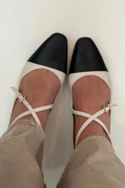 Color Block Criss Cross Buckle Square Toe Beige Flats