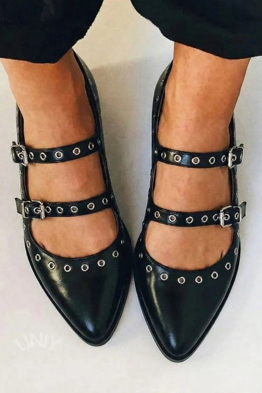 Chic Black Pointed Toe Buckle Strap Studded Flats