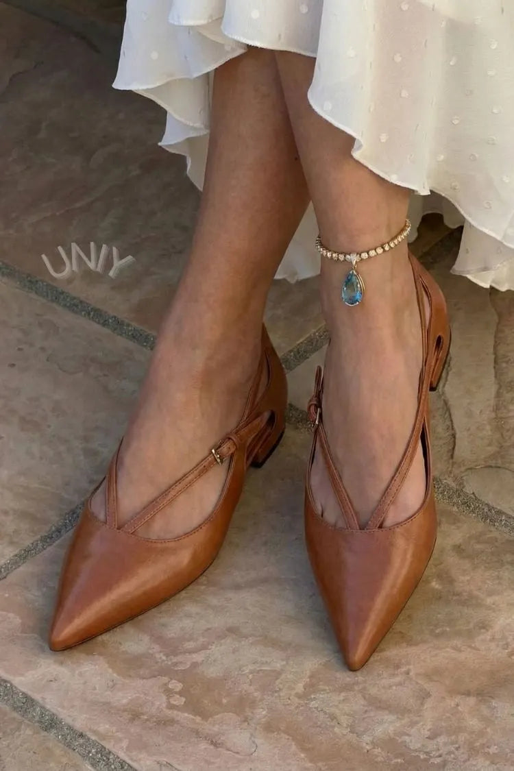 Elegant Brown PU Leather Pointed Toe Cutout Cross Strap Flats