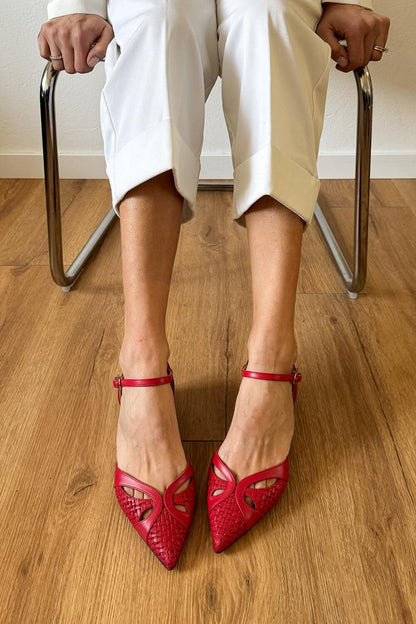 Hollow Out Ankle Strap Buckle Pointed Toe Red Flats