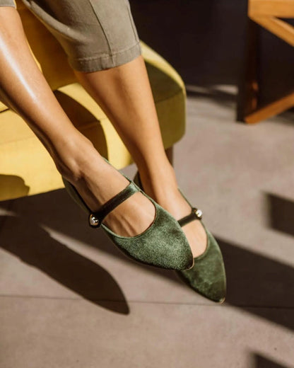Olive Green Velvet Pointed Toe Heart Detail Mary Jane Flats