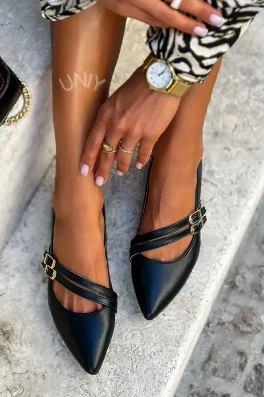 Chic Black Double Strap Buckle Pointed Toe Mary Jane Flats