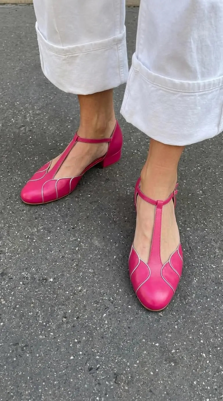 Silver Scalloped Trim Round Toe Fuchsia T-Strap Flats