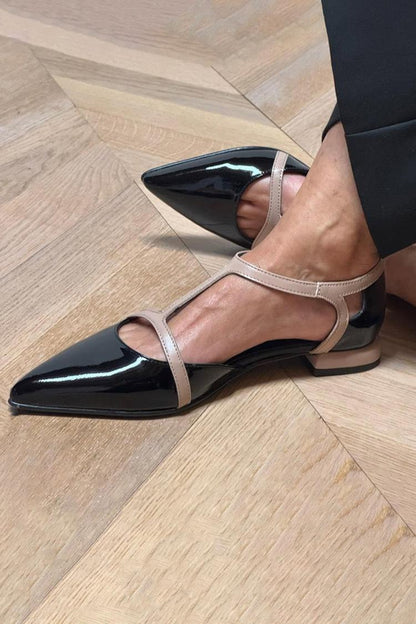 Colorblock T-Strap Buckle Pointed Toe Black Flats