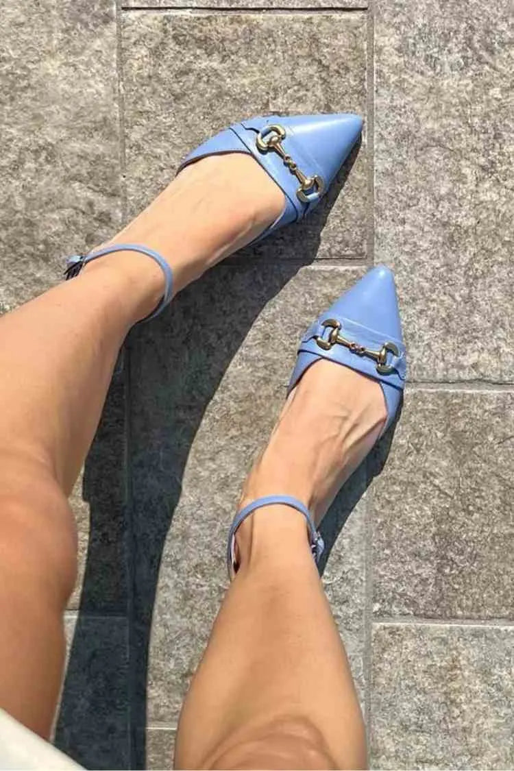 Leather Horsebit Ankle Strap Pointed Toe Flats