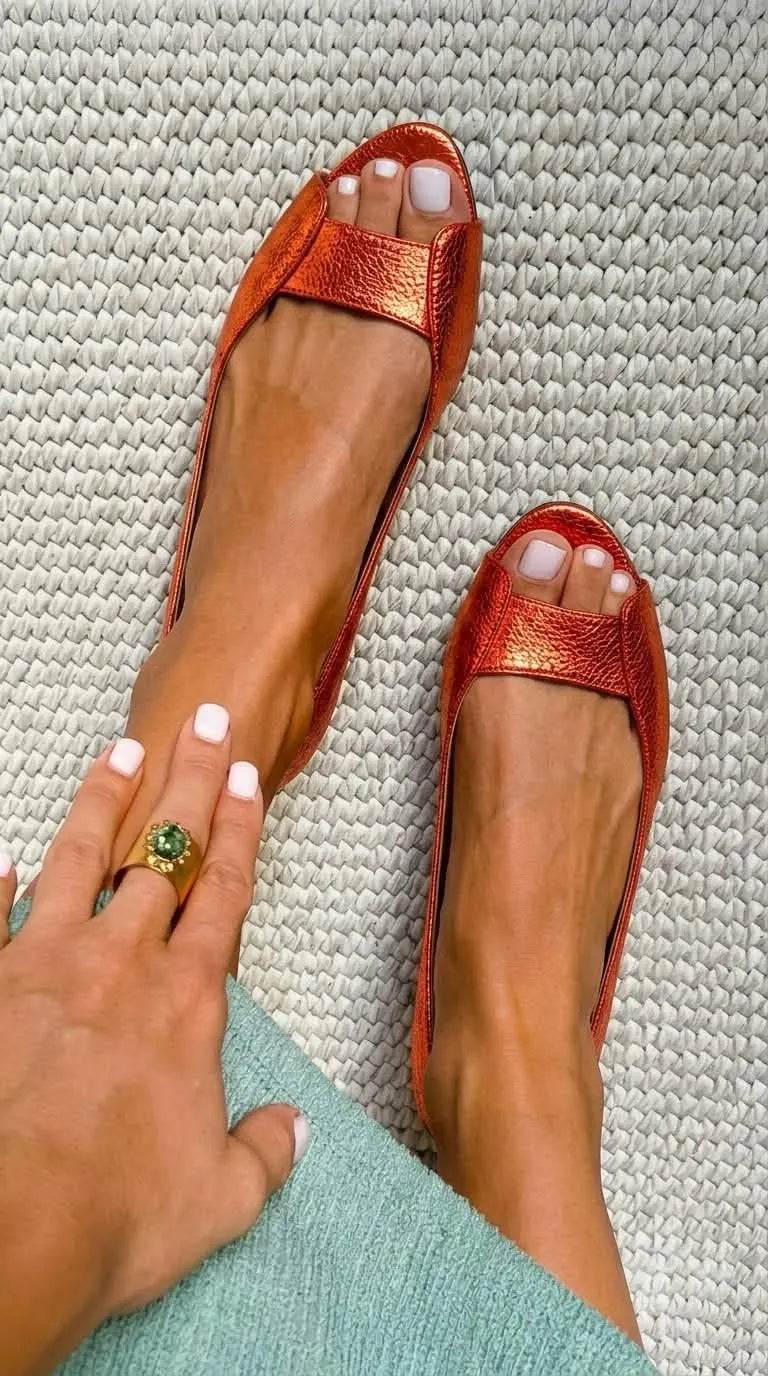 Chic Champagne Gold Metallic Textured Peep Toe Flats