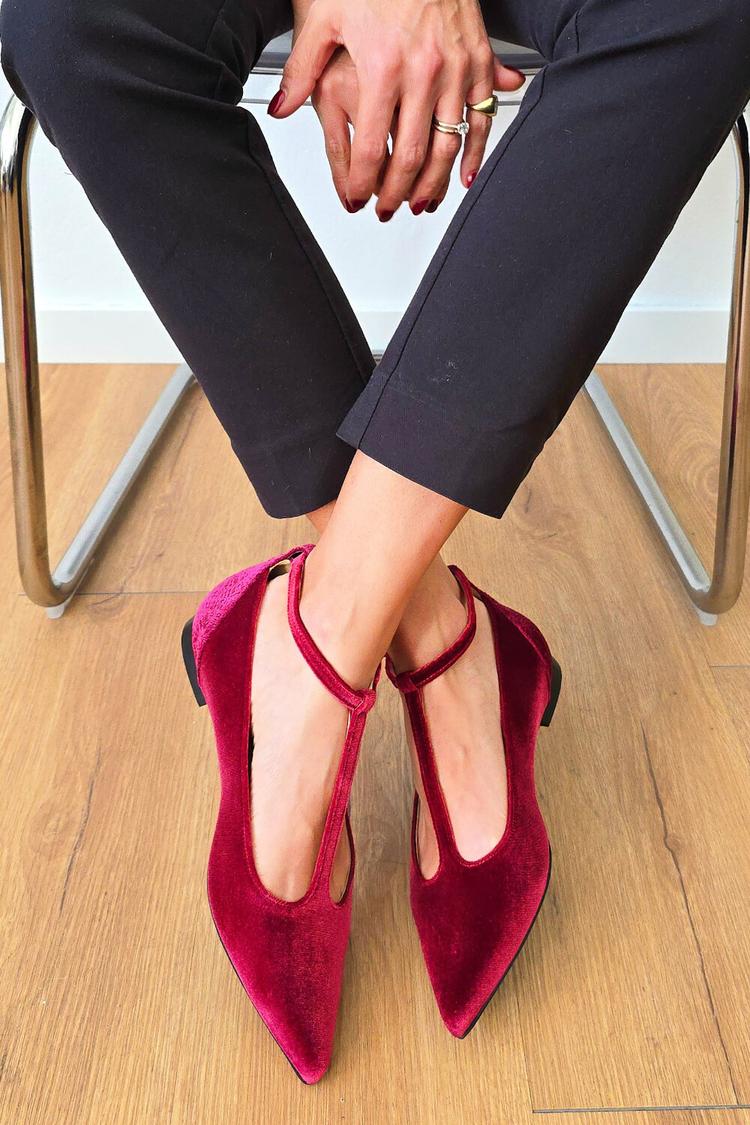 Patchwork T-Shaped Ankle Strap Pointy Toe Buckle Burgundy Flats