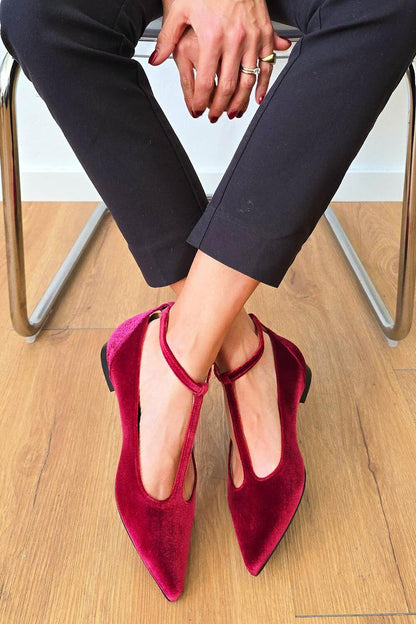 Patchwork T-Shaped Ankle Strap Pointy Toe Buckle Burgundy Flats