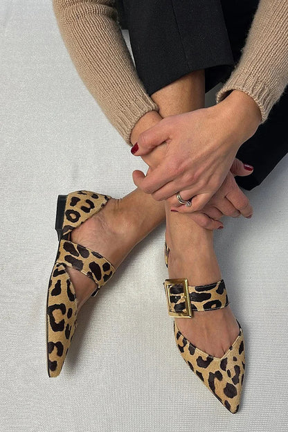 Pointed Toe Leopard Print Instep Strap Buckle Khaki Flats