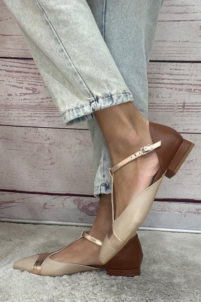 Patchwork T-Strap Buckle Colorblock Pointed Toe Khaki Flats