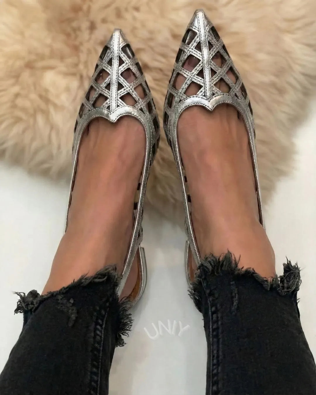 Silver Cutout Woven Pointed Toe Slingback Elegant Flats