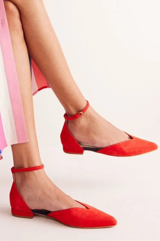 Suede Solid Red Ankle Strap Dorsay Pointed Flats
