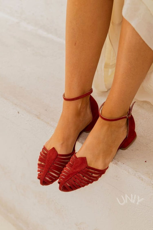 Burgundy Faux Suede Strappy Caged Ankle Strap Flats