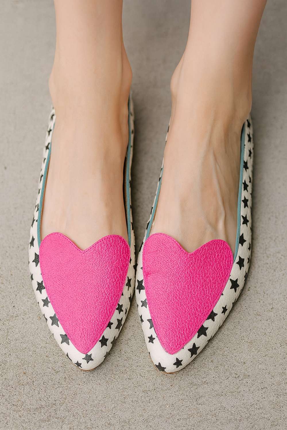 Star Print Pink Heart Pointed Toe Casual Flats