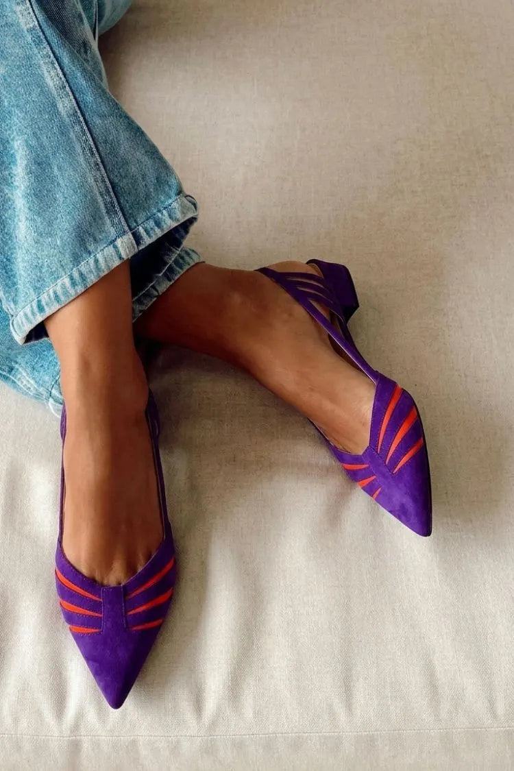 Purple Orange Contrast Suede Radial Pointed Slingback Flats