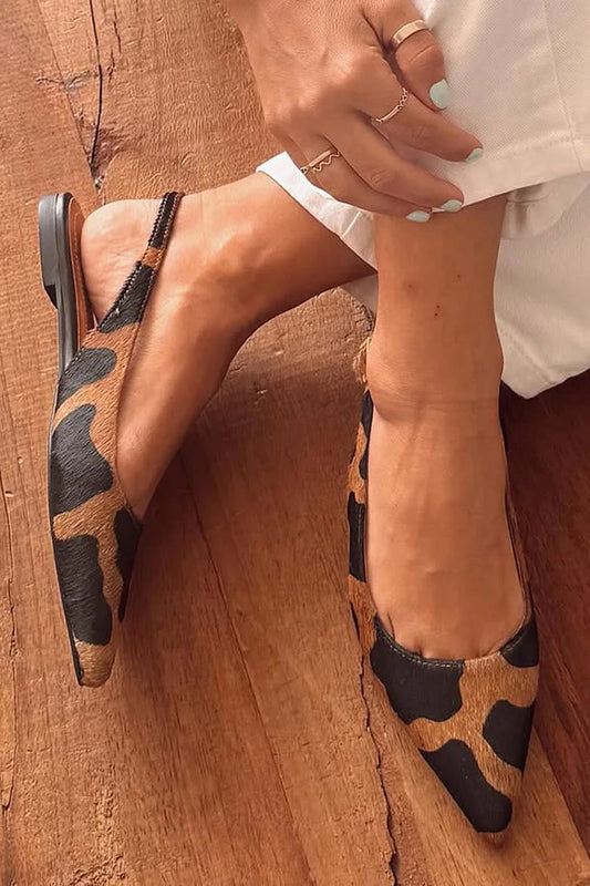 Cow Print Slingback Strap Pointed Toe Brown Flats