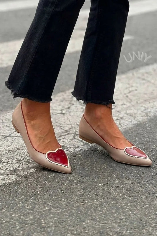 Chic Taupe Red Heart Applique Pointed Toe Flats