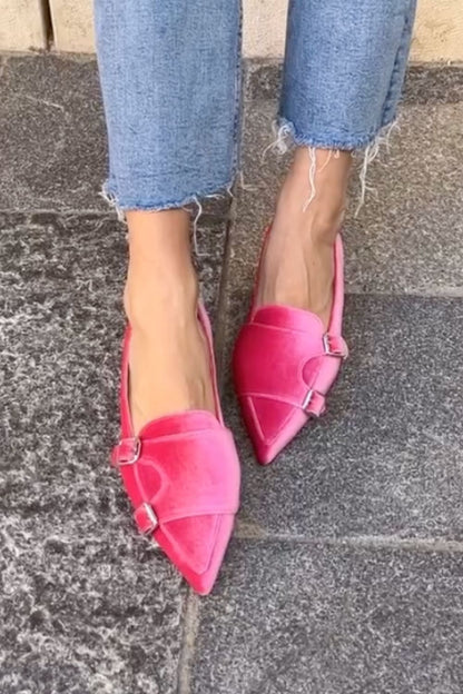 Pink Velvet Pointed Toe Buckled Flats