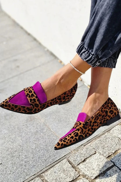 Colorblock Print Leopard Pointed Toe Brown Flats