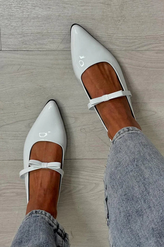 Solid Color Bow Decor Pointed Toe White Flats