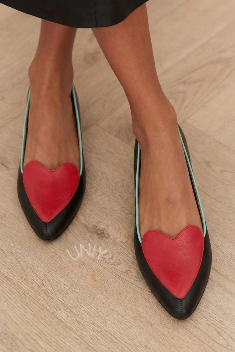 Elegant Black Leather Pointed Toe Red Heart Detail Flats