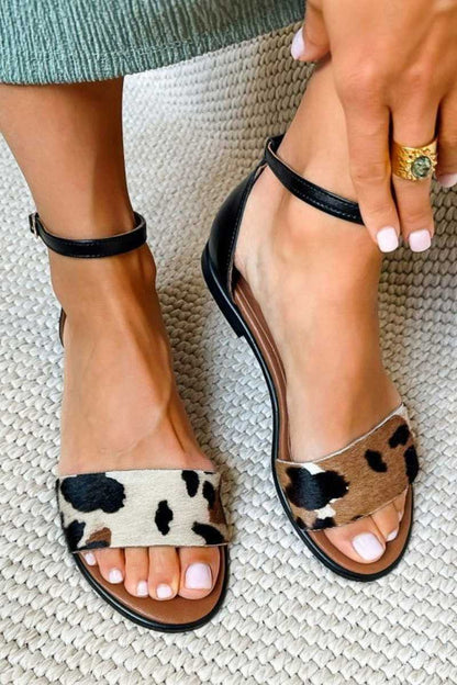 Faux Leather Cow Print Ankle Strap Flats