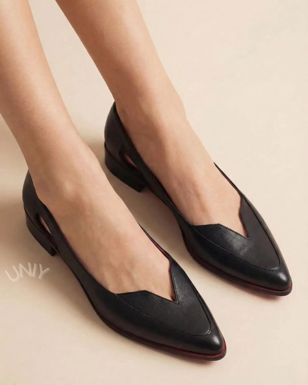 Elegant Black Leather Pointed Toe V-Cut Side Cutout Flats
