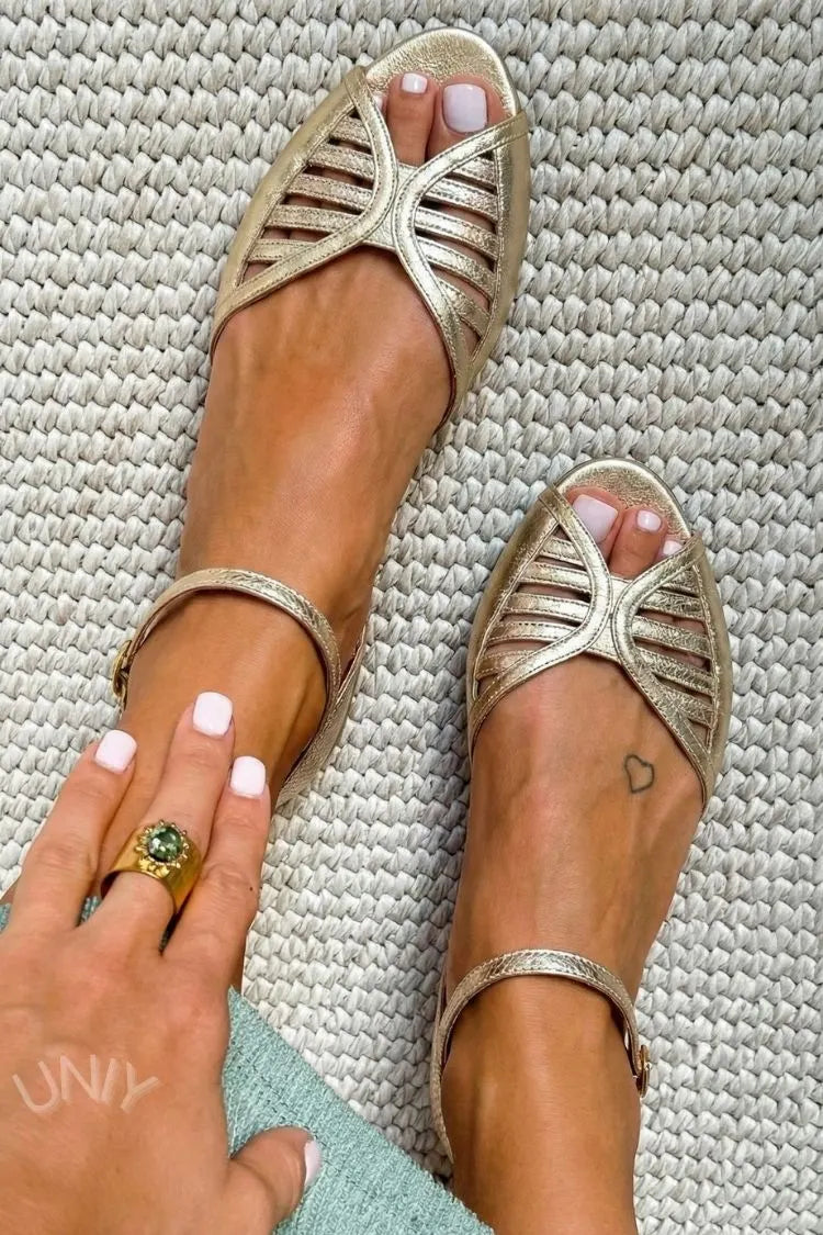 Metallic Gold Strappy Cutout Ankle Strap Peep Toe Flats