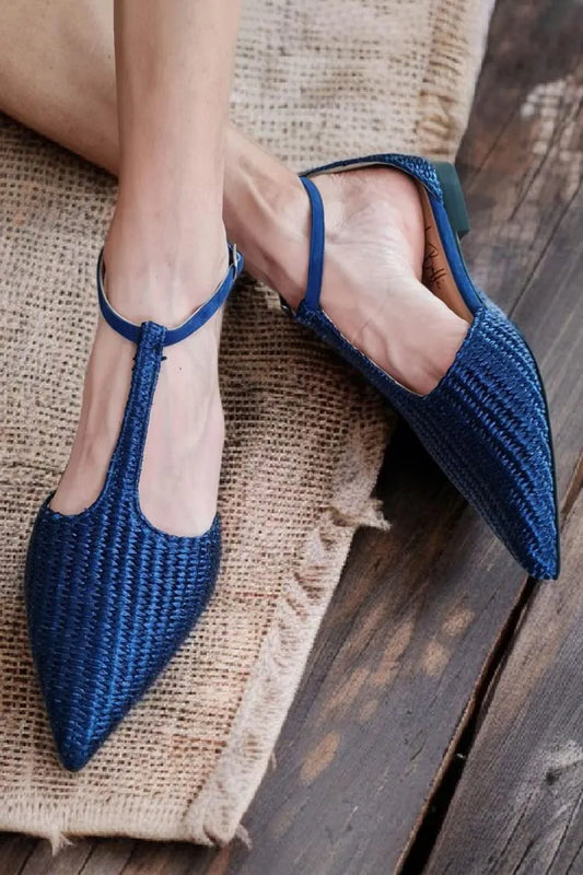T-Strap Buckle Solid Color Woven Pointed Toe Navy Flats