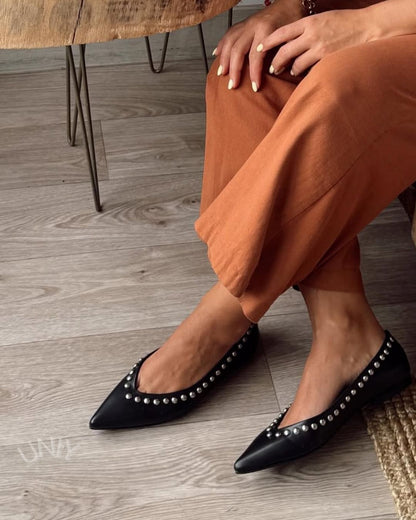 Chic Black Pointed Toe Silver Studded Ballet Flats